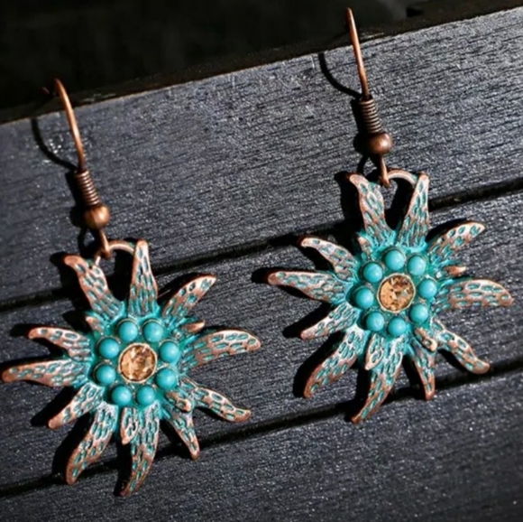 Turquoise Flower Earrings Sun Earrings Tarnish Boho Nature - Picture 9 of 9